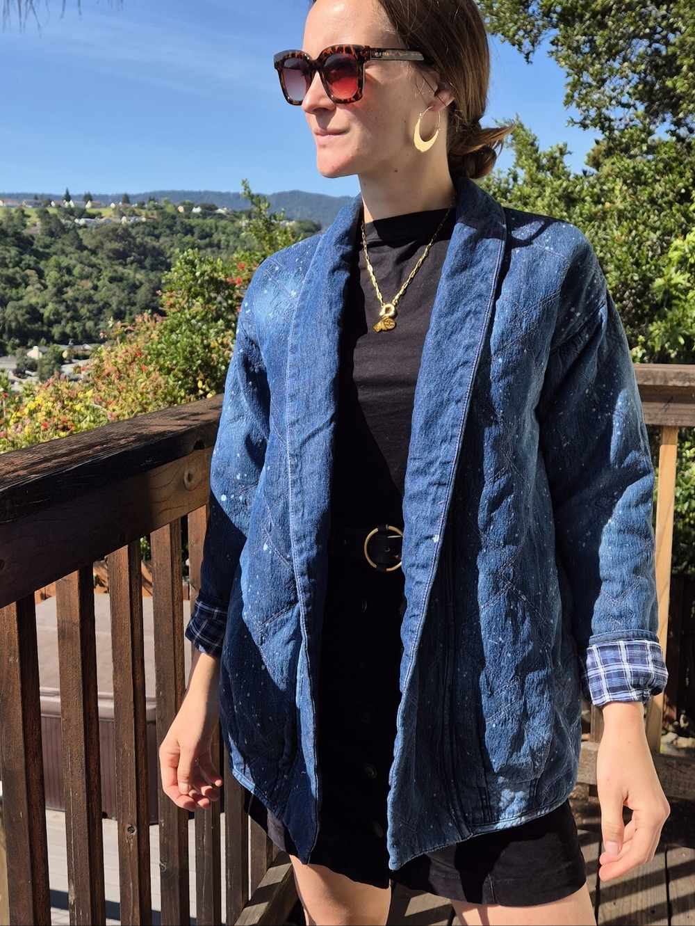 Pilcro Denim-Style Quilted Blue Open-Front Jacket